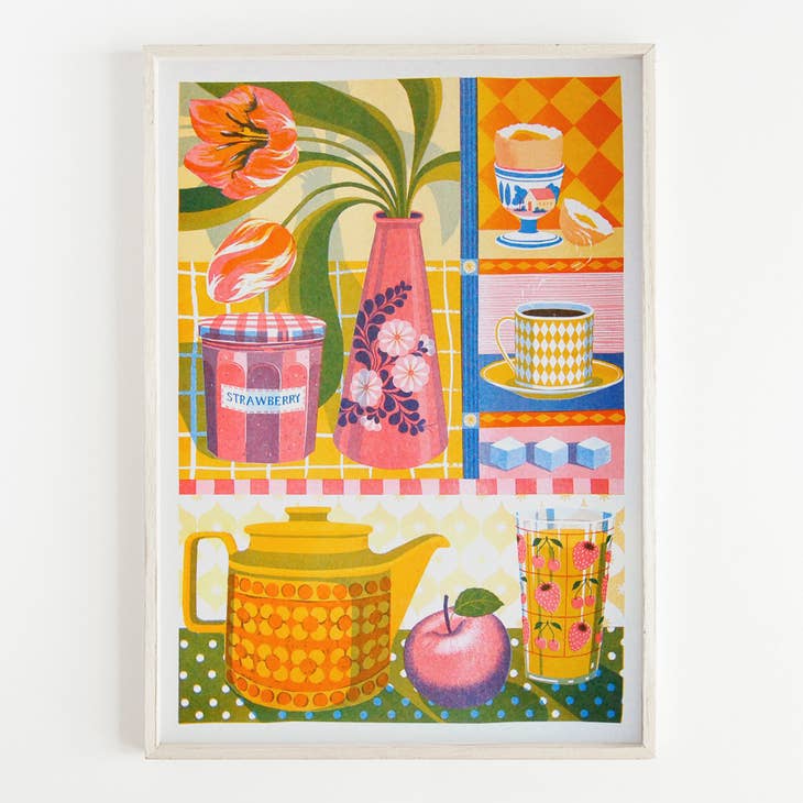 Teapot and tulips risograph print