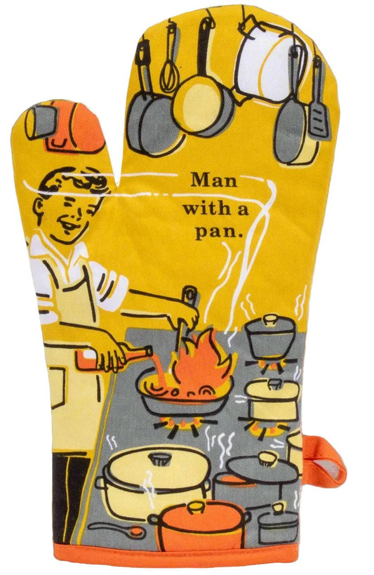 Man with a pan oven mitt