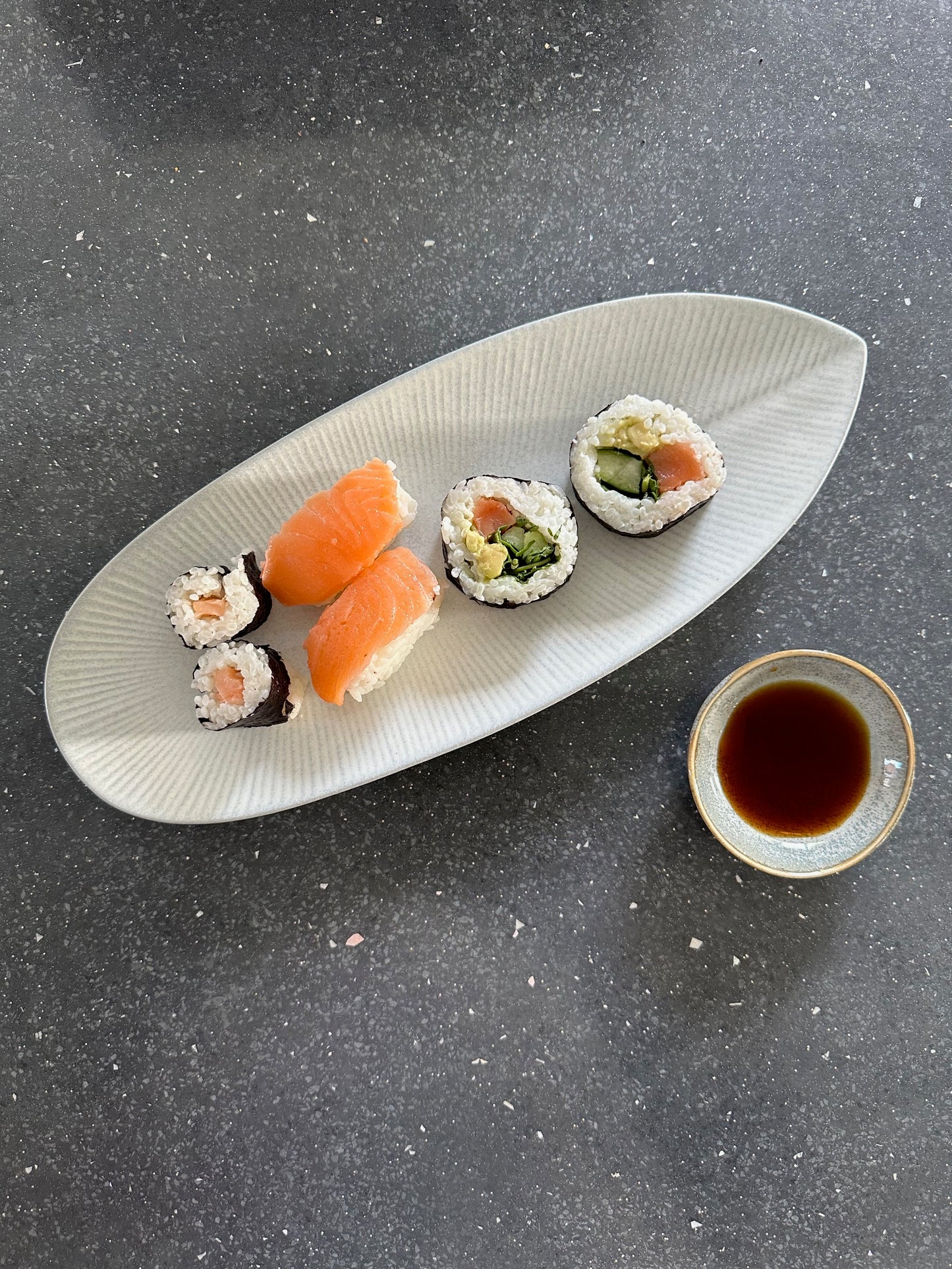 Japanese oval serving plate with dipping sauce bowl