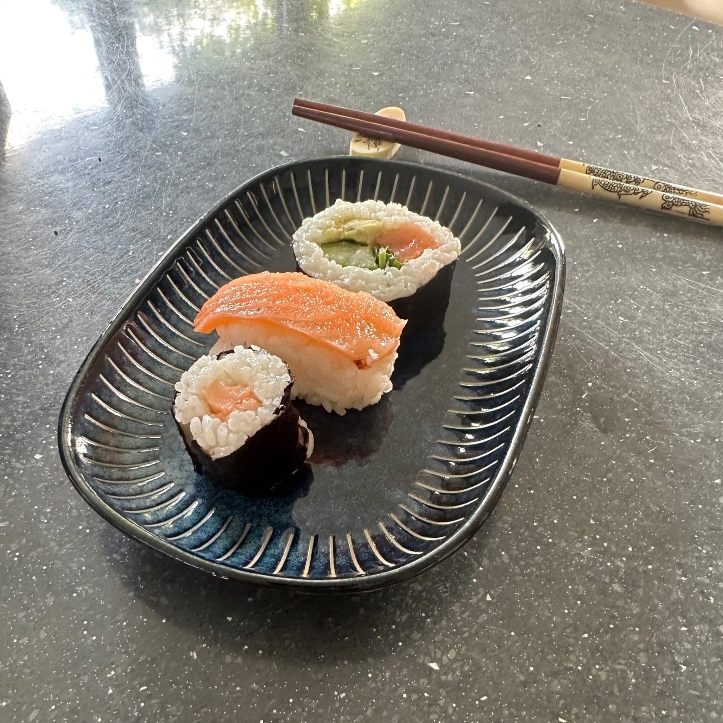 Japanese ridged indigo side plate with sushi